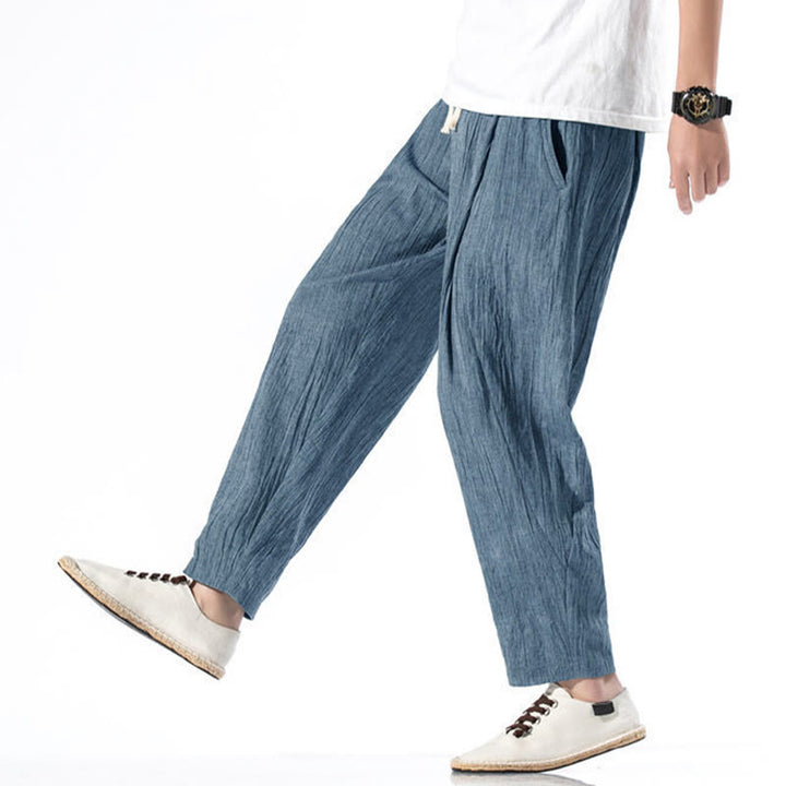 Buddha Stones Casual Plain Pleated Design Drawstring Men's Long Cotton Linen Harem Pants With Pockets - image 34