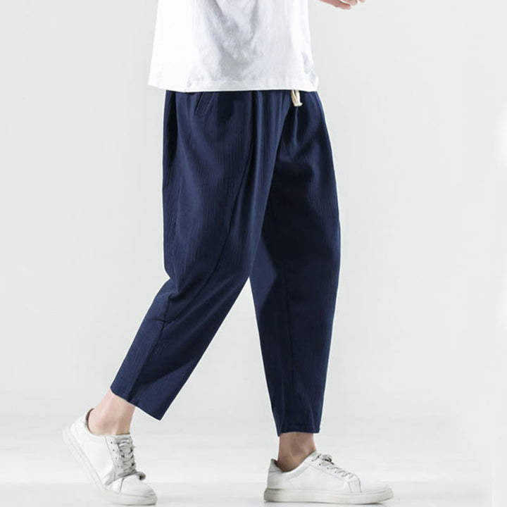 Buddha Stones Casual Plain Pleated Design Drawstring Men's Long Cotton Linen Harem Pants With Pockets - image 41
