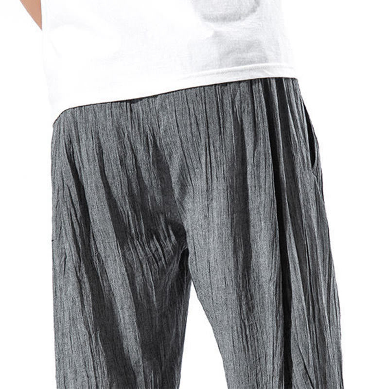 Buddha Stones Casual Plain Pleated Design Drawstring Men's Long Cotton Linen Harem Pants With Pockets - image 13