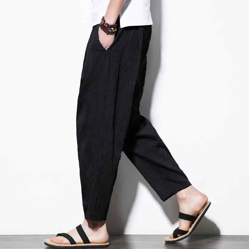Buddha Stones Casual Plain Pleated Design Drawstring Men's Long Cotton Linen Harem Pants With Pockets - Black - US/UK/AU46，EU56 (5XL) - image 23
