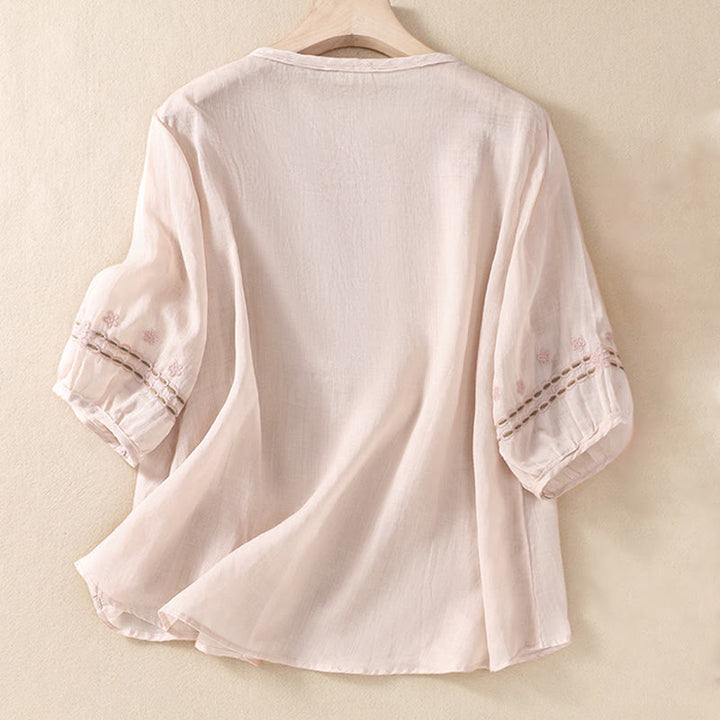 Buddha Stones Women's Crew Neck Hollow Design Half Sleeve Cotton Linen Shirt - image 2