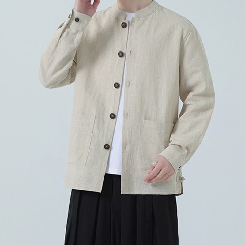 Buddha Stones Men's Button Ramie Linen Cotton Fleece Lined Jacket Shirt With Pockets - image 9