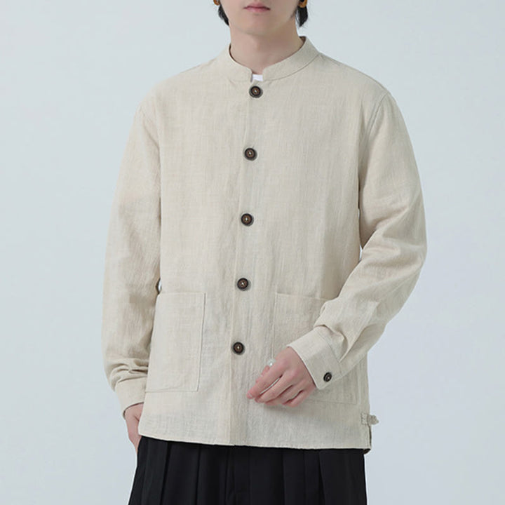 Buddha Stones Men's Button Ramie Linen Cotton Fleece Lined Jacket Shirt With Pockets - image 2