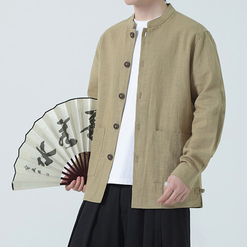 Buddha Stones Men's Button Ramie Linen Cotton Fleece Lined Jacket Shirt With Pockets - image 29