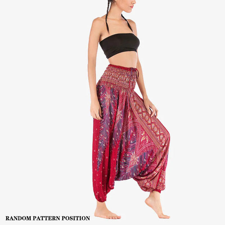 Buddha Stones Two Style Wear Feathers Geometric Pattern Loose Smocked Trousers Jumpsuit Women's Yoga Pants - image 1