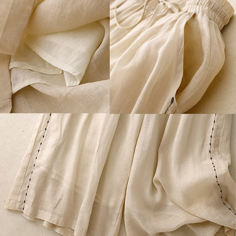 Buddha Stones Commute Solid Color Embroidery Drawstring Women's Wide Leg Ankle-Length Pants With Pockets - image 7
