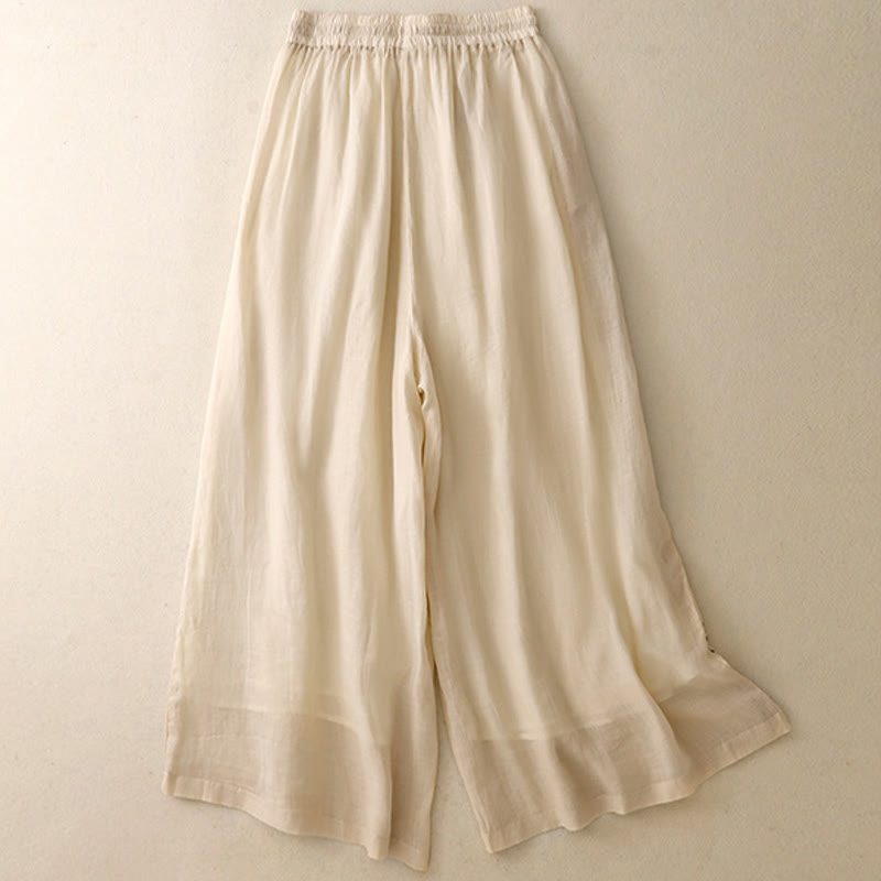Buddha Stones Commute Solid Color Embroidery Drawstring Women's Wide Leg Ankle-Length Cotton Pants With Pockets - image 1