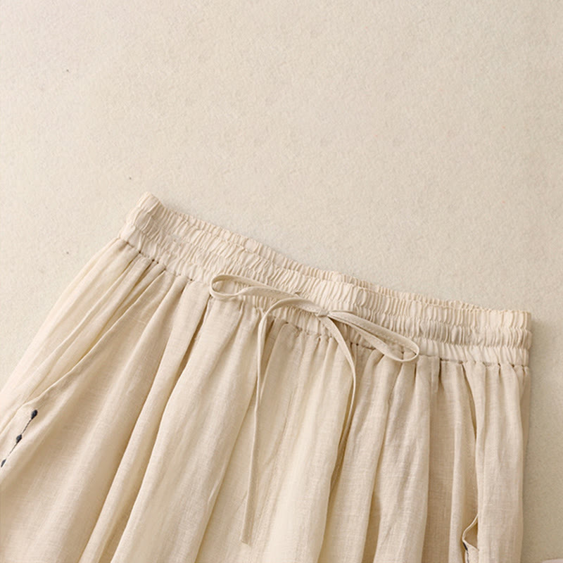 Buddha Stones Commute Solid Color Embroidery Drawstring Women's Wide Leg Ankle-Length Cotton Pants With Pockets - image 2