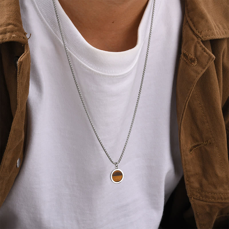 Buddha Stones Natural Stone Turquoise Tiger Eye  Lazurite Malachite Titanium Steel Purification Necklace Pendant - image 5