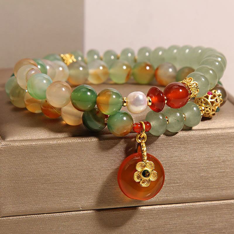 Buddha Stones Natural Colorful Peacock Agate Flower Peace Buckle Pearl Double Layer Support Bracelet - image 1