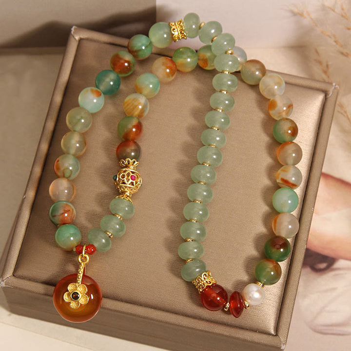 Buddha Stones Natural Colorful Peacock Agate Flower Peace Buckle Pearl Double Layer Support Bracelet - image 4