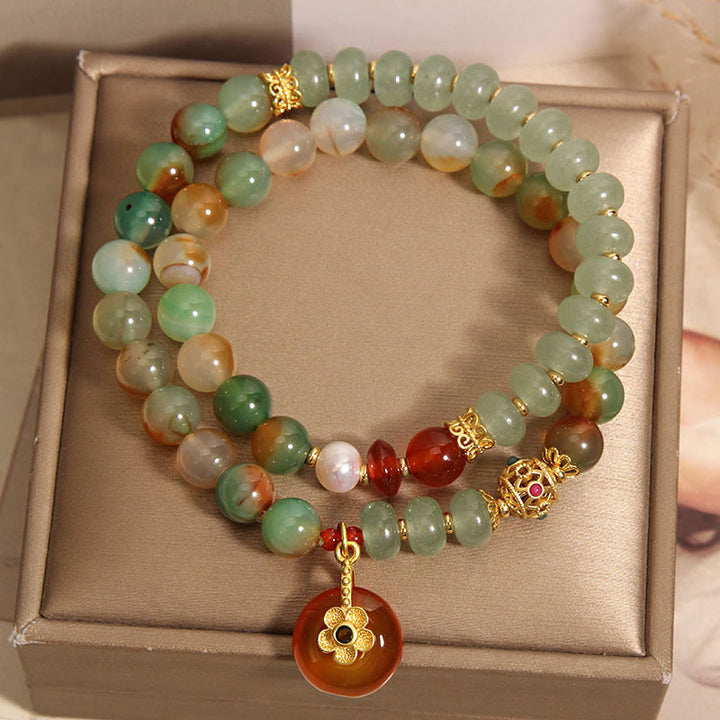 Buddha Stones Natural Colorful Peacock Agate Flower Peace Buckle Pearl Double Layer Support Bracelet - image 2