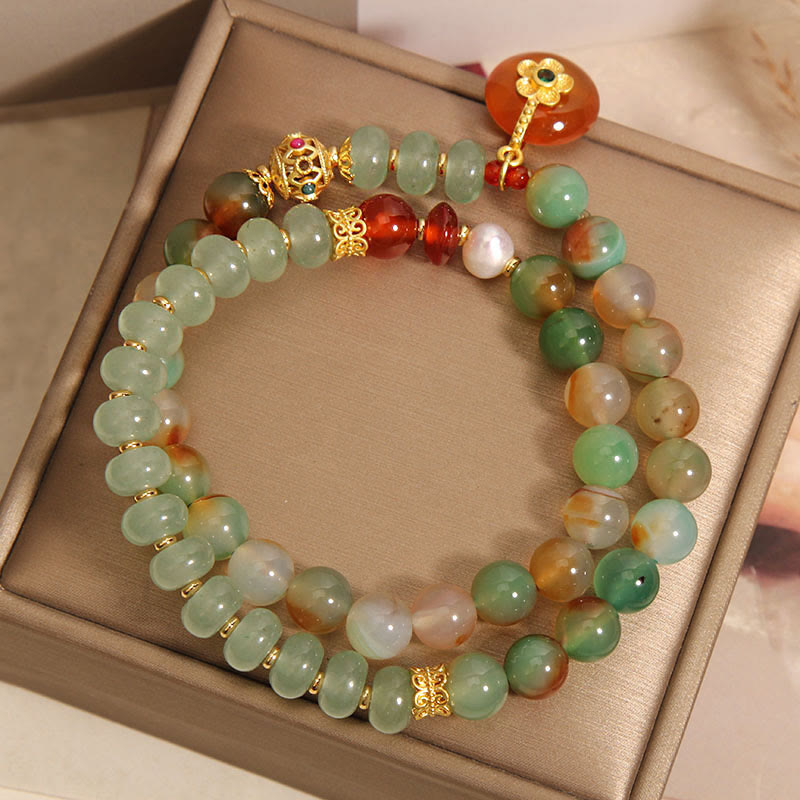 Buddha Stones Natural Colorful Peacock Agate Flower Peace Buckle Pearl Double Layer Support Bracelet - image 3