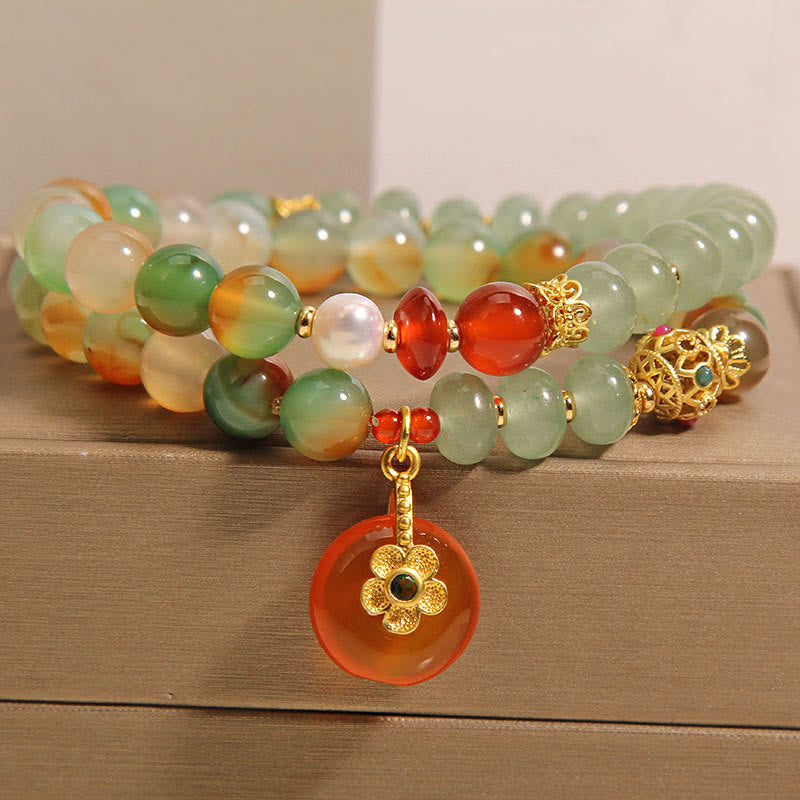Buddha Stones Natural Colorful Peacock Agate Flower Peace Buckle Pearl Double Layer Support Bracelet - Peacock Agate (Wrist circumference: 15-16cm) - image 0