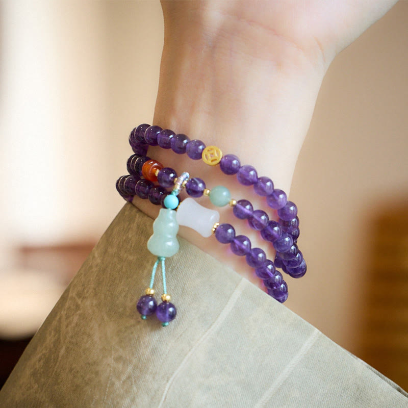 Buddha Stones Natural Amethyst Beads Coin Hanging Gourd Chalcedony Lotus Balance Multi-layer Bracelet - image 4