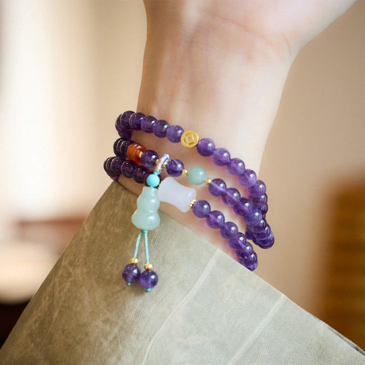 Buddha Stones Natural Amethyst Beads Coin Hanging Gourd Chalcedony Lotus Balance Multi-layer Bracelet - image 4