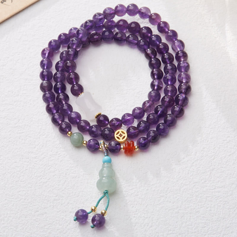 Buddha Stones Natural Amethyst Beads Coin Hanging Gourd Chalcedony Lotus Balance Multi-layer Bracelet - Amethyst & Gourd - image 0