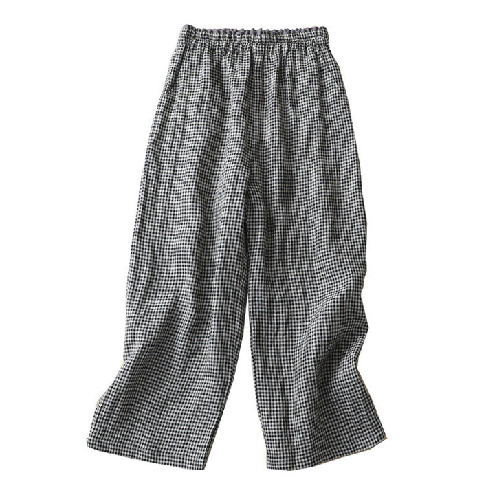 Buddha Stones Commute Casual Checkered Pattern 7-8 Length Women's Wide Leg Cotton Linen Pants With Pockets - image 15