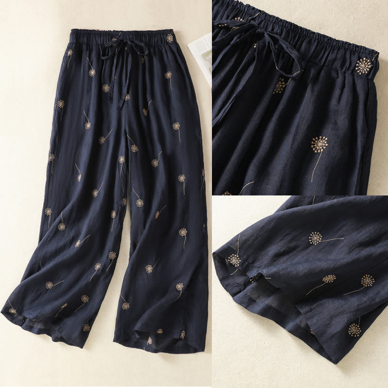 Buddha Stones MidnightBlue Commute Casual Dandelion Pattern Women's Wide Leg Cotton Linen Pants - image 10