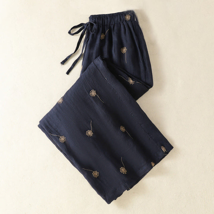 Buddha Stones MidnightBlue Commute Casual Dandelion Pattern Women's Wide Leg Cotton Linen Pants - image 2