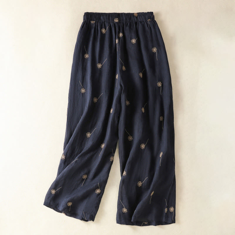 Buddha Stones MidnightBlue Commute Casual Dandelion Pattern Women's Wide Leg Cotton Linen Pants - MidnightBlue - US8-10，UK/AU12-14，EU40-42 (2XL) - image 0