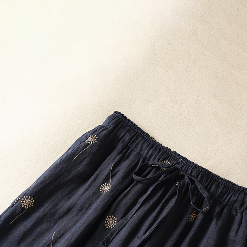 Buddha Stones MidnightBlue Commute Casual Dandelion Pattern Women's Wide Leg Cotton Linen Pants - image 3