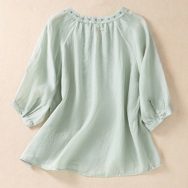 Buddha Stones Embroiderd Design Women's Cotton Linen Three Quarter Sleeve Shirt  - image 17