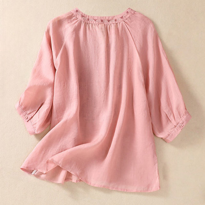 Buddha Stones Embroiderd Design Women's Cotton Linen Three Quarter Sleeve Shirt  - image 25