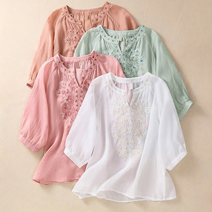 Buddha Stones Embroiderd Design Women's Cotton Linen Three Quarter Sleeve Shirt  - image 32