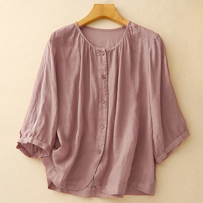 Buddha Stones Plain Button Crew Neck Design Women's  blend Three Quarter Sleeve Shirt - PaleVioletRed - US12，UK/AU16，EU44 (2XL) - image 6