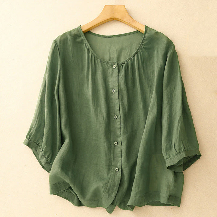 Buddha Stones Plain Button Crew Neck Design Women's  blend Three Quarter Sleeve Shirt - Green - US12，UK/AU16，EU44 (2XL) - image 22