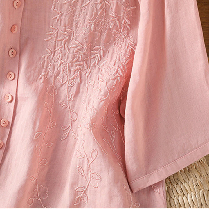 Buddha Stones Embroiderd Front Button Stand Collar Design Women's Cotton Short Sleeve Shirt  - image 16