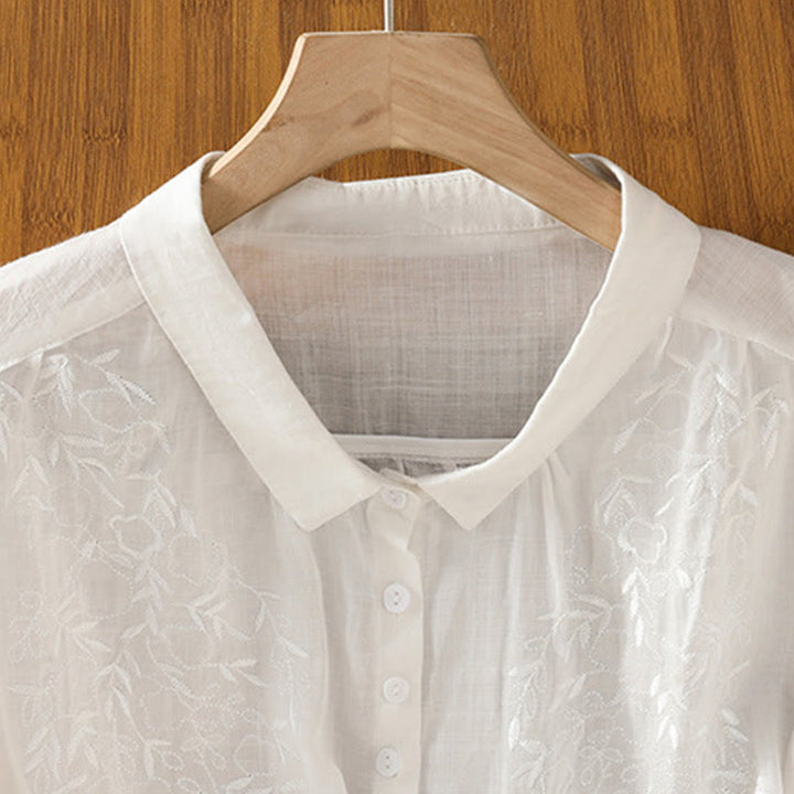 Buddha Stones Embroiderd Front Button Stand Collar Design Women's Cotton Short Sleeve Shirt  - image 19