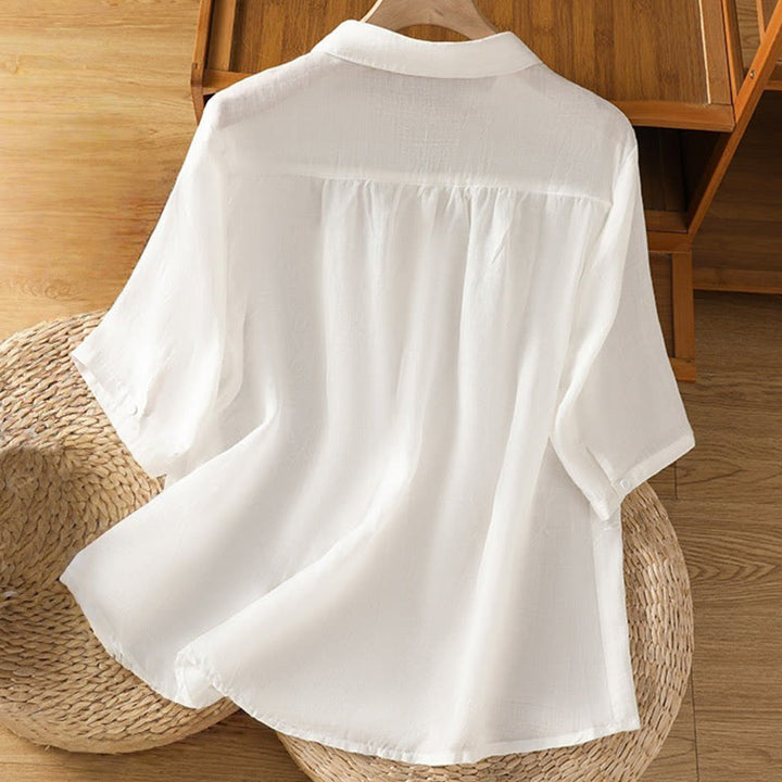 Buddha Stones Embroiderd Front Button Stand Collar Design Women's Cotton Short Sleeve Shirt  - image 18