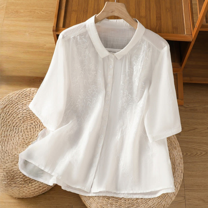 Buddha Stones Embroiderd Front Button Stand Collar Design Women's Cotton Short Sleeve Shirt  - Snow - US8-10，UK/AU12-14，EU40-42 (2XL) - image 17