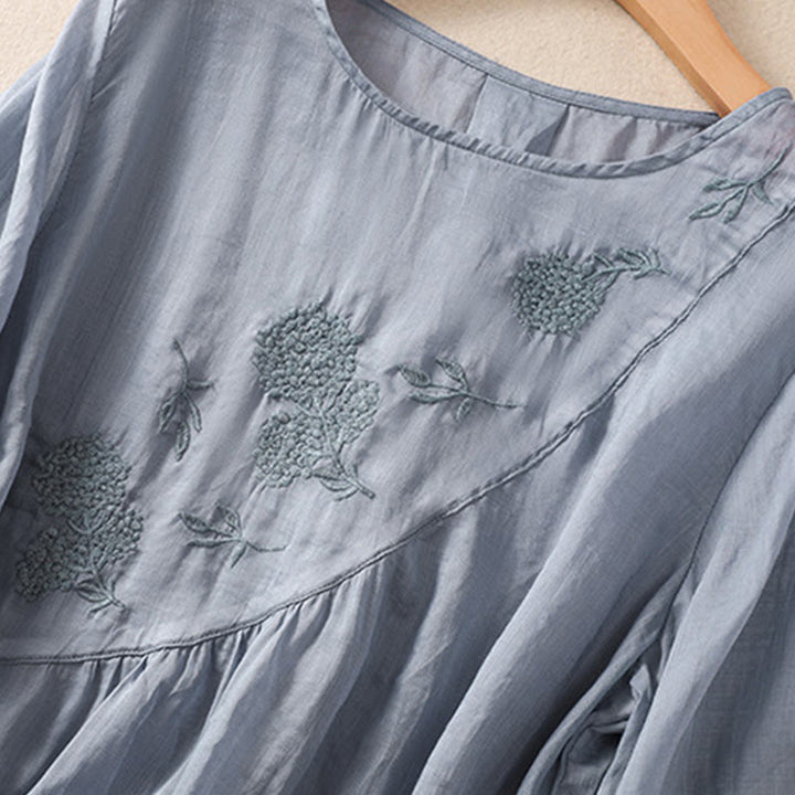 Buddha Stones Embroidered Flower Crew Neck Design Women's Cotton Linen Half Sleeve Shirt - image 6