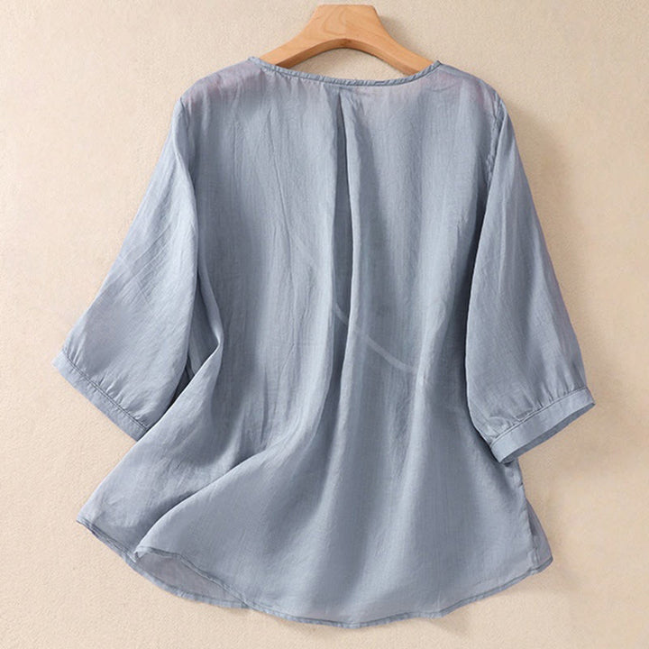 Buddha Stones Embroidered Flower Crew Neck Design Women's Cotton Linen Half Sleeve Shirt - image 1