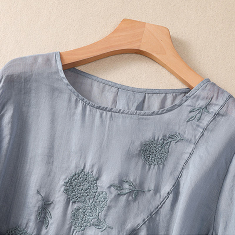 Buddha Stones Embroidered Flower Crew Neck Design Women's Cotton Linen Half Sleeve Shirt - image 2