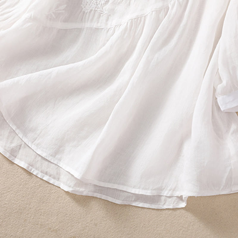 Buddha Stones Embroidered Flower Crew Neck Design Women's Cotton Linen Half Sleeve Shirt - image 12