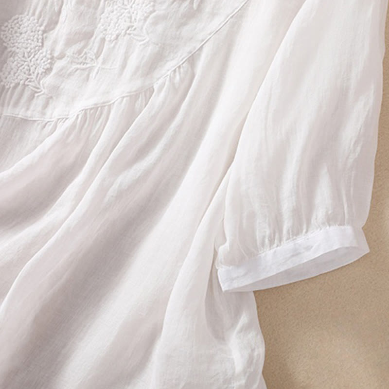 Buddha Stones Embroidered Flower Crew Neck Design Women's Cotton Linen Half Sleeve Shirt - image 11