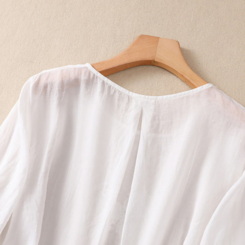 Buddha Stones Embroidered Flower Crew Neck Design Women's Cotton Linen Half Sleeve Shirt - image 10