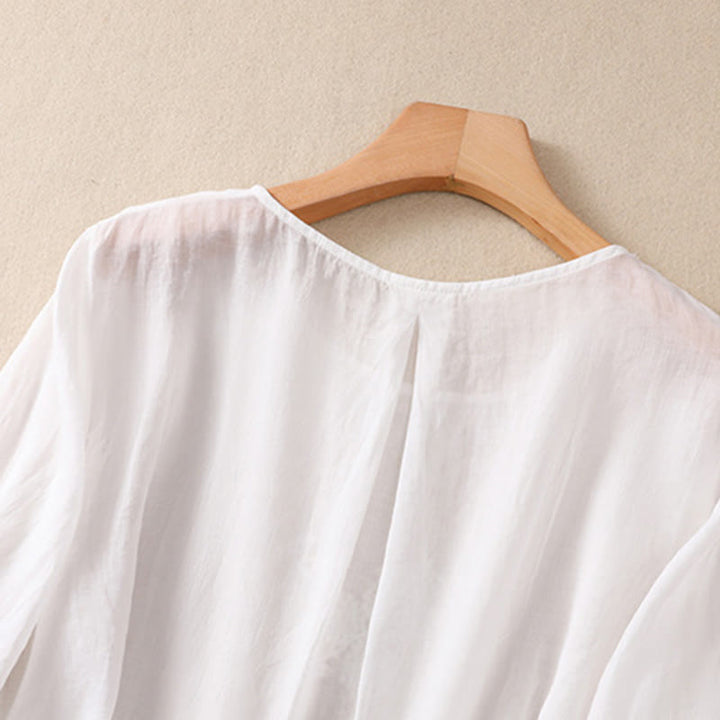 Buddha Stones Embroidered Flower Crew Neck Design Women's Cotton Linen Half Sleeve Shirt - image 10