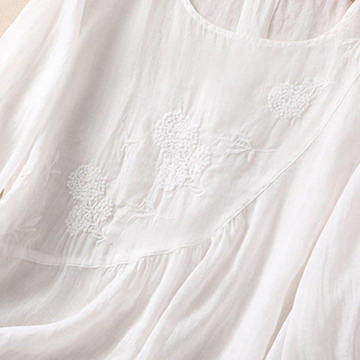 Buddha Stones Embroidered Flower Crew Neck Design Women's Cotton Linen Half Sleeve Shirt - image 13