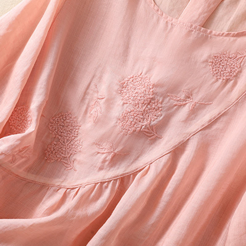 Buddha Stones Embroidered Flower Crew Neck Design Women's Cotton Linen Half Sleeve Shirt - image 18