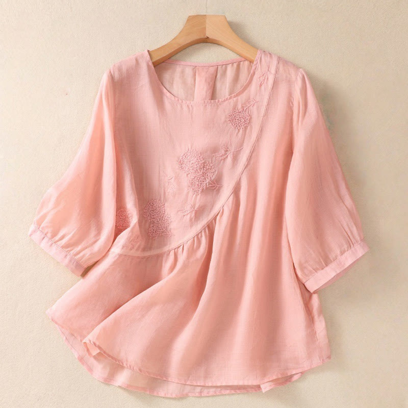 Buddha Stones Embroidered Flower Crew Neck Design Women's Cotton Linen Half Sleeve Shirt - Pink - US8-10，UK/AU12-14，EU40-42 (2XL) - image 14