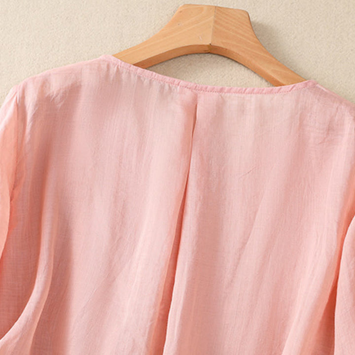 Buddha Stones Embroidered Flower Crew Neck Design Women's Cotton Linen Half Sleeve Shirt - image 17