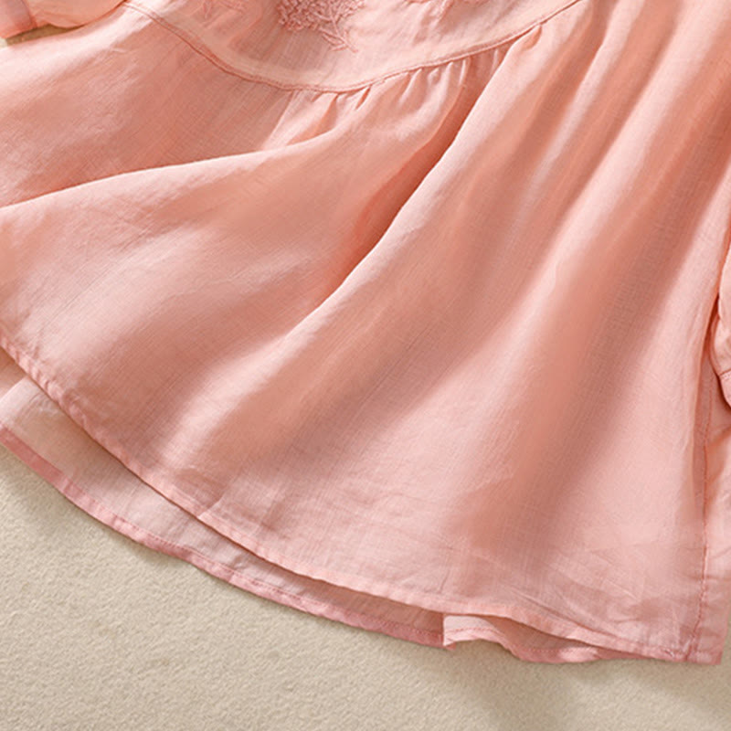 Buddha Stones Embroidered Flower Crew Neck Design Women's Cotton Linen Half Sleeve Shirt - image 20