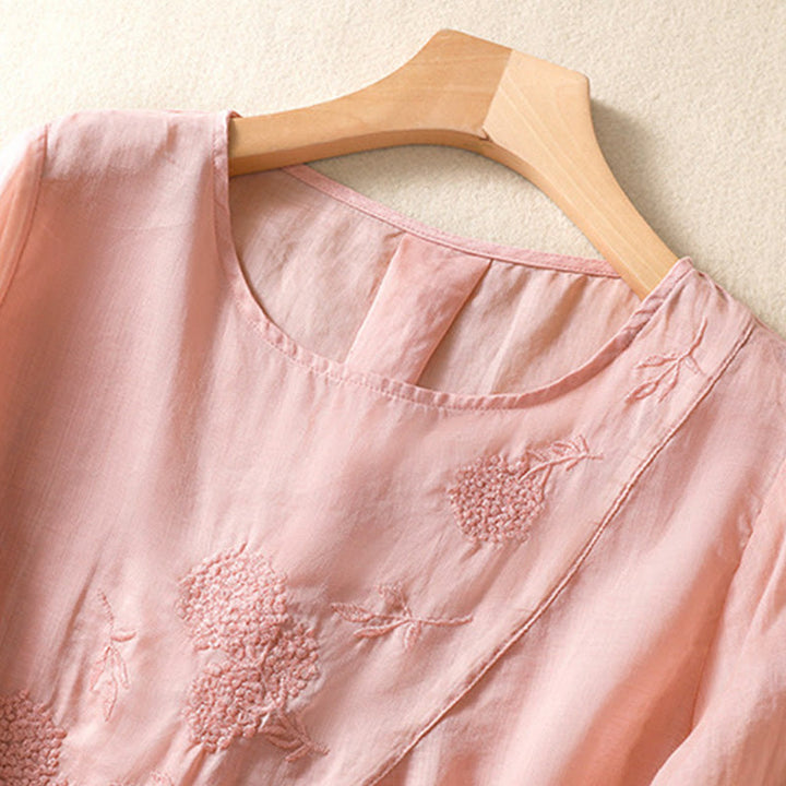 Buddha Stones Embroidered Flower Crew Neck Design Women's Cotton Linen Half Sleeve Shirt - image 16