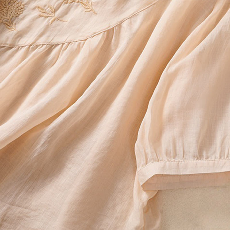 Buddha Stones Embroidered Flower Crew Neck Design Women's Cotton Linen Half Sleeve Shirt - image 26