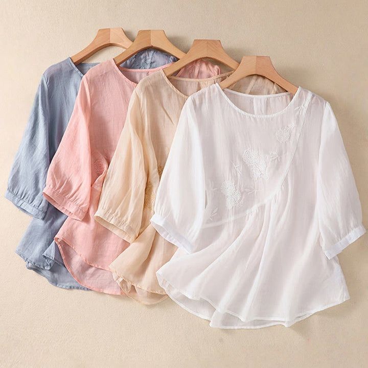 Buddha Stones Embroidered Flower Crew Neck Design Women's Cotton Linen Half Sleeve Shirt - image 28